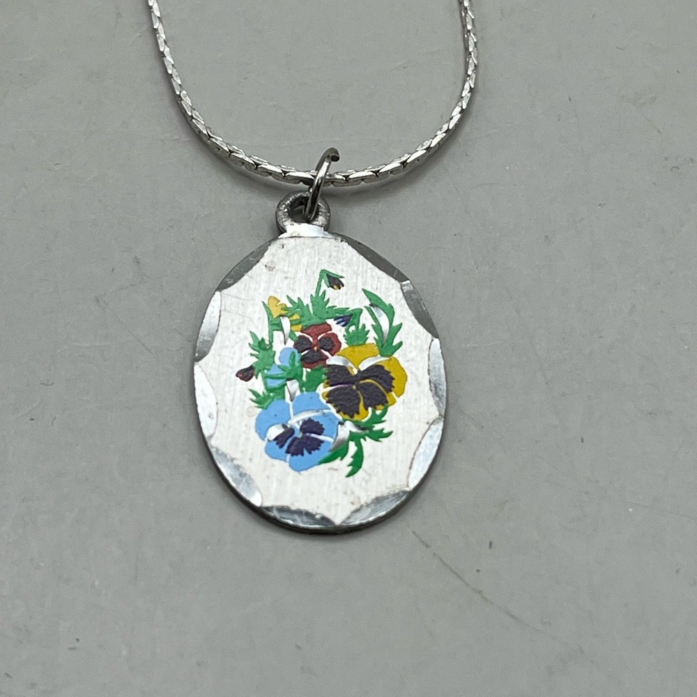 Vintage Blackington Floral Enamel and Pewter Pendant Necklace
